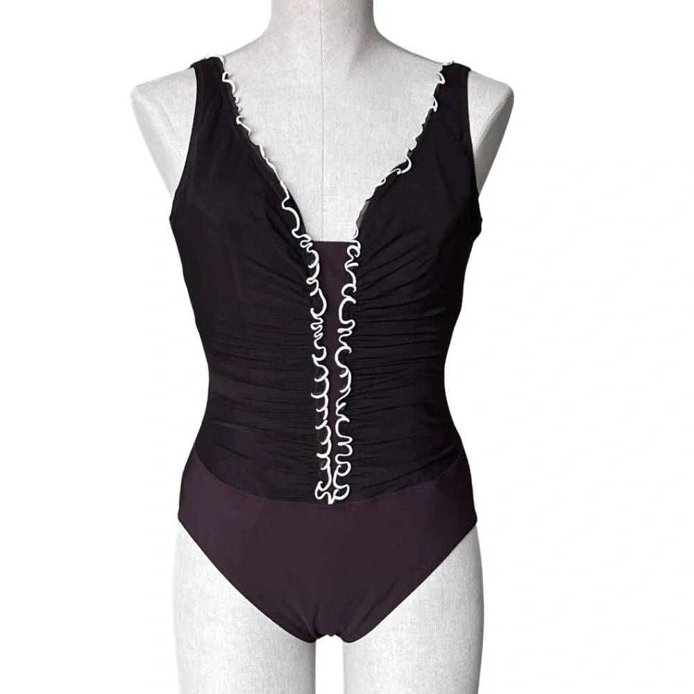 Profile By Gottex Brown One-Piece Swimsuit With Center Mesh Ruching Size 12 NWT